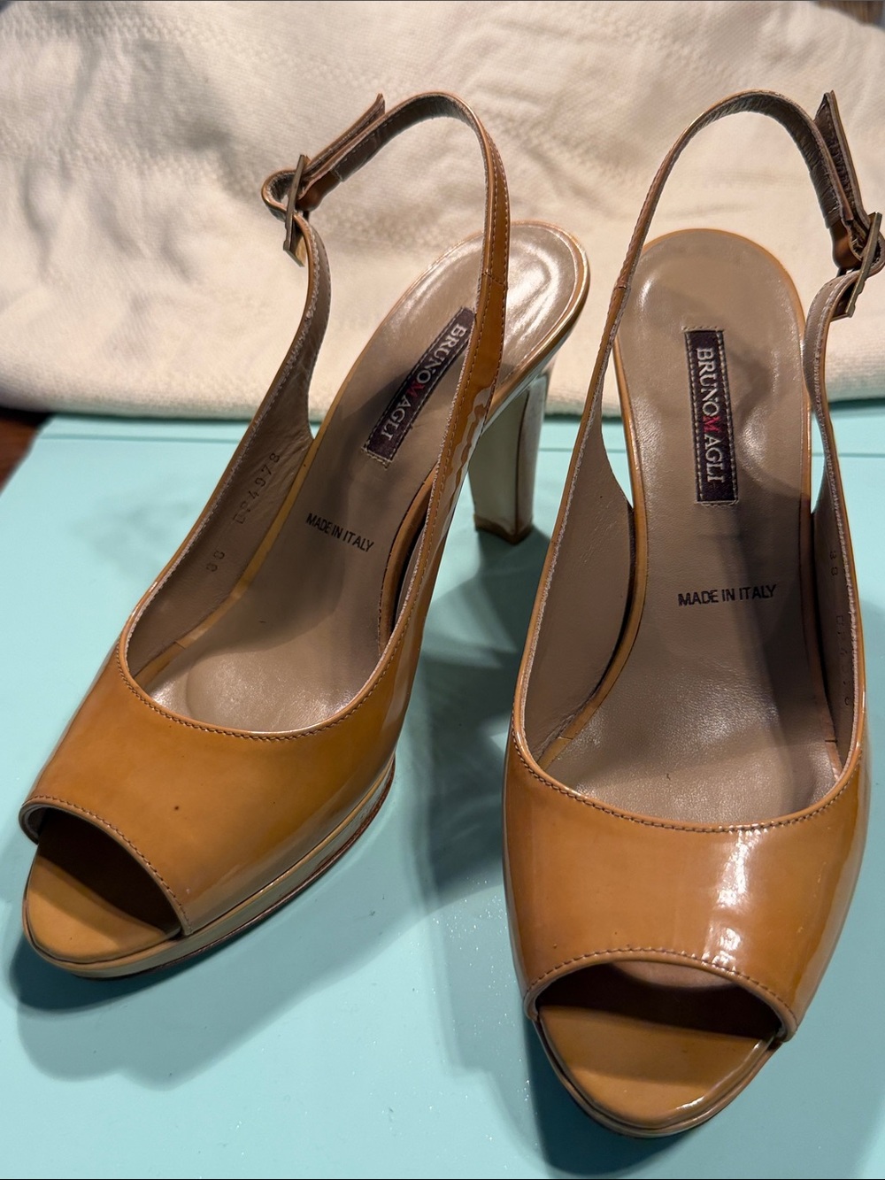 Bruno Magli Tan Patent Leather Slingback Peep-Toe Heels